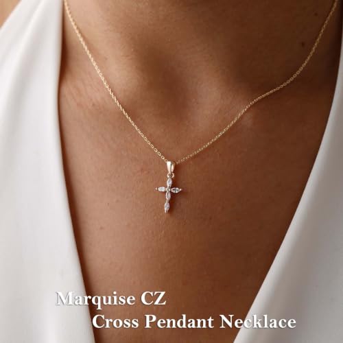 Cross Necklace for Women, Dainty 14K Gold Plated CZ Pendant - color: Gold-marquise cz cross
