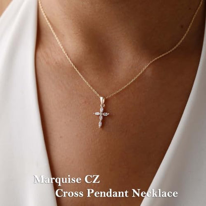 Cross Necklace for Women, Dainty 14K Gold Plated CZ Pendant - color: Gold-marquise cz cross