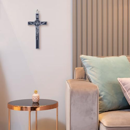 KOMI 7.5" Metal Crucifix Wall Cross with Black Enamel Catholic Jesus Cross - color: Black-Silver