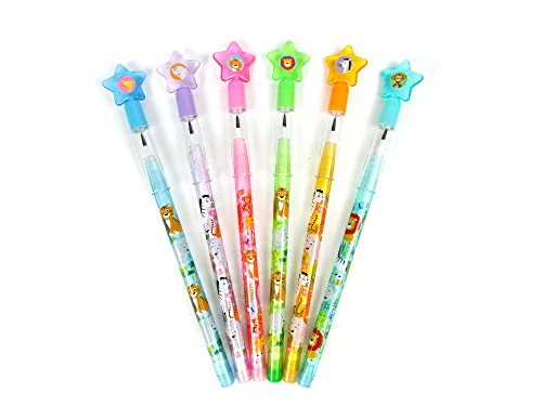 TINYMILLS 24 Pcs Safari Jungle Animals Stackable Push Pencil Assortment with Eraser for Party Favors Goodie Bag Stuffers VBS Classroom Rewards Pinata Fillers Carnival Prize Barnyard Party