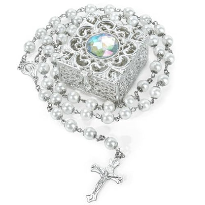 Sliver Pearl-Style Rosary Necklace with Metal Gift Box, 8mm, 22 Inch - color: Silver