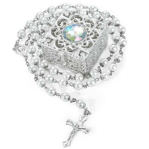 Sliver Pearl-Style Rosary Necklace with Metal Gift Box, 8mm, 22 Inch - color: Silver