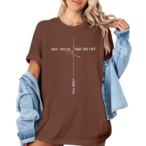 Christian Shirts for Women Oversized Bible Verse T-Shirt Jesus Religious Faithful Shirt Christ Crewneck Tee Top - color: Brown, size: X-Large