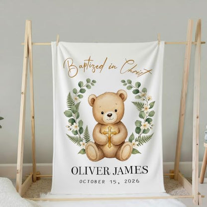 Personalized Baptism Teddy Bear Toddler Blanket, Baptized in Christ Christian Cross Throw, Custom Name and Date Faith Keepsake for Boy Girl, Religious Gift from Parents Grandparents - color: Baptsim Toddler Blanket#7