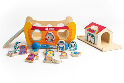 Jasey's Toy Chest Noah's Ark Wooden Sort & Match | 18-Piece Shape Sorting Ark with Animal Pairs, Figures & Ladder | Educational Toy for Toddlers Ages 18+ Months