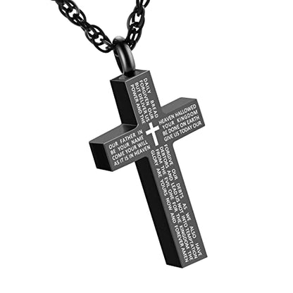 Cremation Cross Necklace for Ashes Stainless Steel Cross Urn Pendant Ashes Holder Memorial Jewelry-With Me Always - style: Lord's Prayer-Black2