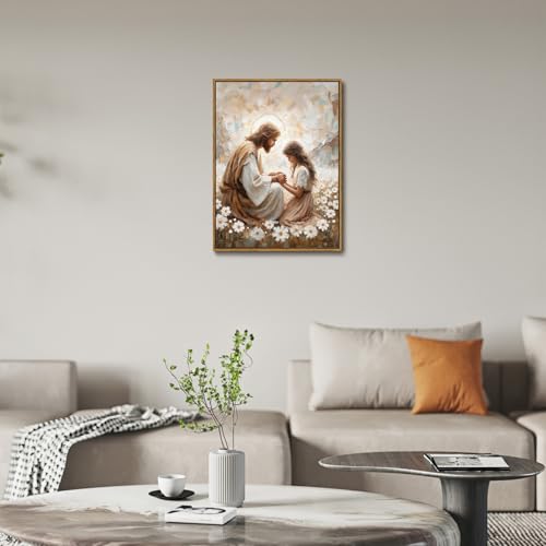 Jesus and Girl Praying Framed Canvas Wall Art 16x24 inch - color: Sea of Flowers, size: 16"x24" Natural