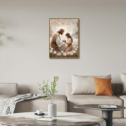 Jesus and Girl Praying Framed Canvas Wall Art 16x24 inch - color: Sea of Flowers, size: 16"x24" Natural