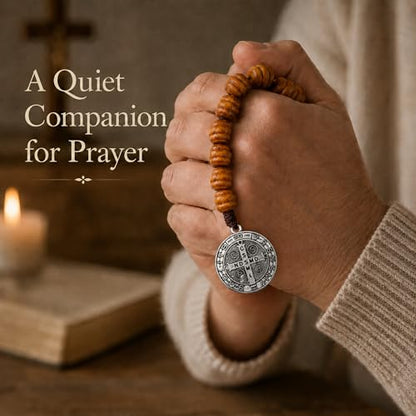 8 Inch Wooden Pocket Rosary for Men, Rosario with Saint Benedict Medal - color: Silver