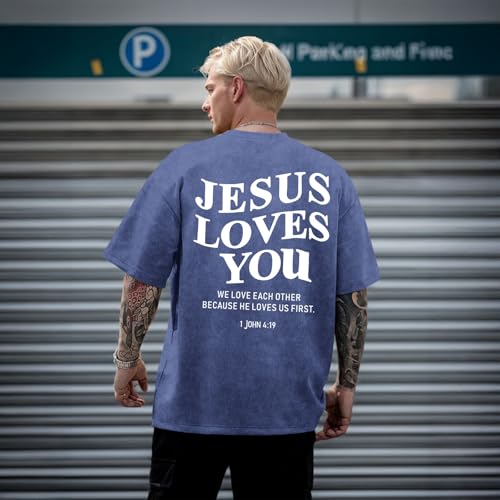 Mens Christian Shirts Jesus is King Love You Tshirt God Faith Religious Bible Verse Oversized Acid Wash Graphic Tees - color: Blue, size: X-Small