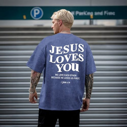 Mens Christian Shirts Jesus is King Love You Tshirt God Faith Religious Bible Verse Oversized Acid Wash Graphic Tees - color: Blue, size: X-Small