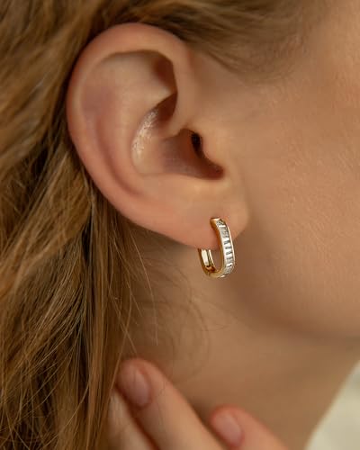 Me&Hz Gold Huggie Earrings Small Huggie Hoop Earrings for Women 14K Gold Plated Hypoallergenic Cubic Zirconia Huggies Mini Silver Hoop Earring for Women - color: Square - CZ, Gold