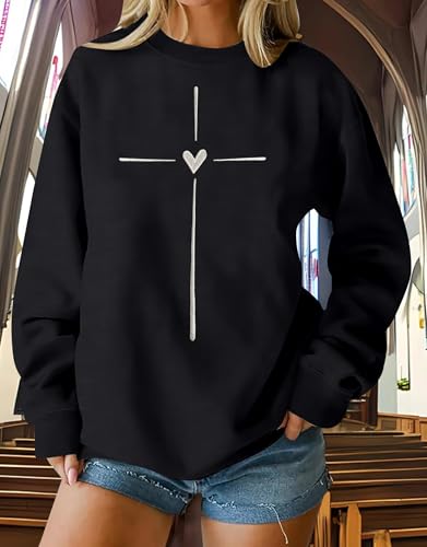 Christian Sweatshirts for Women Embroidered Jesus Cross Heart Print Shirt Inspirational Oversized Religious Pullover - color: Black, size: Large