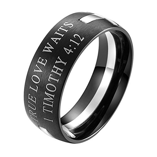 Men's Stainless Steel 8MM Bible Verse Christian Purity Cross Ring Band 1 Timothy 4:12 - color: Black Silver
