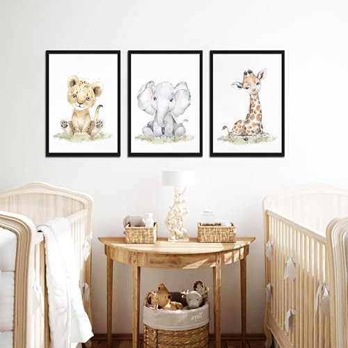 Safari Nursery Wall Art Set of 3, Cute Animal Kids Baby Room Decor Paintings, Jungle Giraffe Elephant Canvas Prints Pictures for Boys and Girls Bedroom Decor 12x16 Inch Wood Framed - color: Colorful Animals, size: 16L" x 12W"