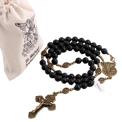 HanlinCC Black Lave Stone Beads Saint Michael Catholic Rosary Necklace with Gift Bag - color: Anti-Bronze