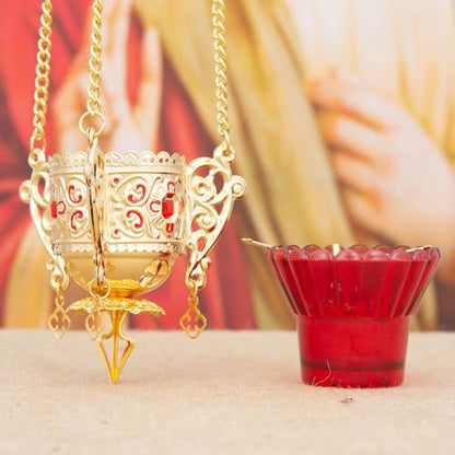 Orthodox Christian Hanging Oil Lamp, Orthodox Vigil Oil Lamps with Red Glass Cup, for Religious Ceremonies and Daily Use (Red) - color: Red
