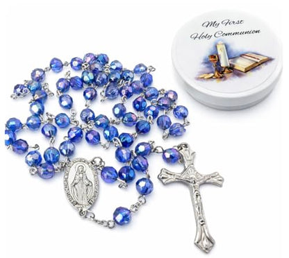 First Holy Communion Blue Faceted Bead Rosary Catholic Gift Keepsake Case