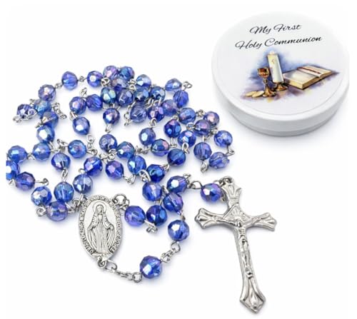 First Holy Communion Blue Faceted Bead Rosary Catholic Gift Keepsake Case