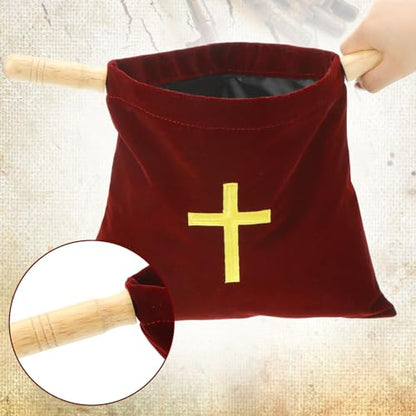 Abbylike Velvet Church Offering Bag with Wooden Handles 10 Inch Religious Offering Pouch Handle Church Collection Bag for Churches Communion Supplies (Red) - color: Red