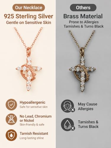925 Sterling Silver Cross With Crown Necklace for Women 16+2 Inch - color: Rose Gold