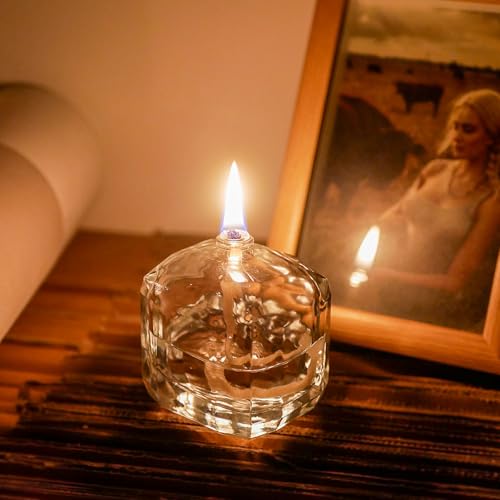 2Pcs Small Refillable Clear Glass Oil Lamp Unscented Candles for Fine Dining | Restaurants or Home Cotton Wick and Holder Included - color: Polygon/2pcs