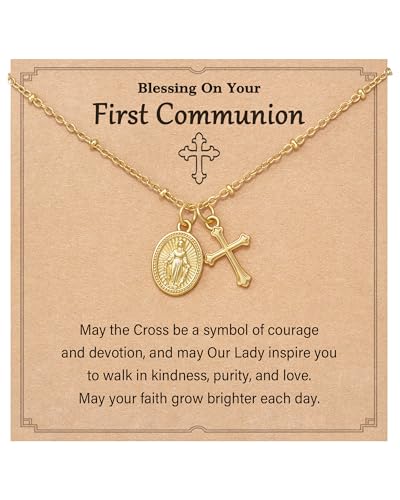 Tarsus Catholic Baptism/First Communion/Confirmation Gifts for Girls, Cross Virgin Mary Pendant Necklace Faith-Inspired Jewelry for Girls Teens - style: Communion