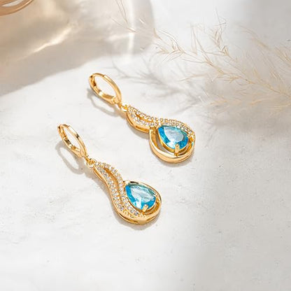 18K Gold Plated, Dangle Earrings for Women, Flower/Heart Drop earrings, Hypoallergenic Cubic Zirconia Earrings, Lightweight, Party, gold earrings, Jewelry for Gifts, Fashion - style: 0833-Blue