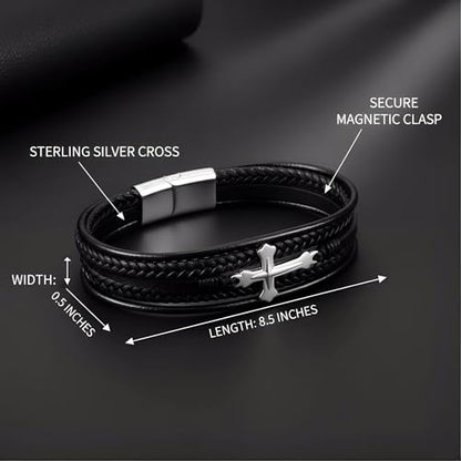 Stainless Steel Braided Leather Bracelet for Men Cuff Bangle Cross - color: Black&Sliver-Style A