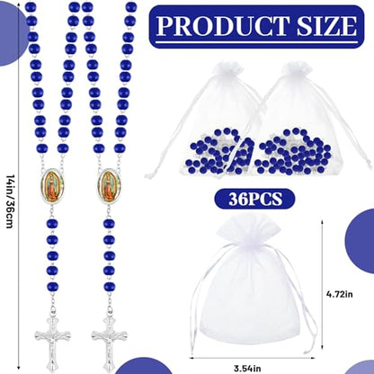 Taiyin 36 Pcs Wooden Bead Rosary Necklace with Crucifix and Our Lady of Guadalupe Scented First Communion Rosary with 36 Organza Bags Baptism Favors Catholic Gift for Men Women - color: Blue