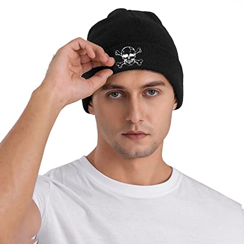 Skull and Crossbones Beanie Hats for Women Men, Funny Winter Warm Cozy Stretchy Knitted Cuffed Skeleton Cap - color: Embroidered Black