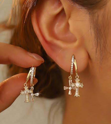 Double Huggie Hoop Earrings with Charms Cross Dangle Earrings Gold/Silver Double Cross Drop Hoop Earrings for Women Men Trendy - style: Style A-Gold