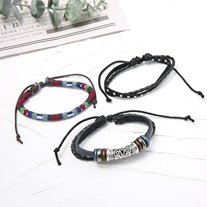 HZMAN Handmade Hemp Cords Wood Beads Leather Bracelets for Men Women - style: Ethnic Tribal