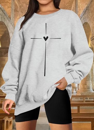 Christian Sweatshirts for Women Embroidered Jesus Cross Heart Print Shirt Inspirational Oversized Religious Pullover - color: Grey, size: XX-Large