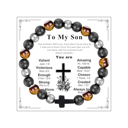 Gifts for Men Bracelets Triple Protection Cross Bracelet 8mm Black Obsidian Hematite Tiger Eye Beaded Natural Stone Bracelets Birthday Jewelry Gifts Cross Christian Gift for Him Husband Son - color: To My Son,Mix Style