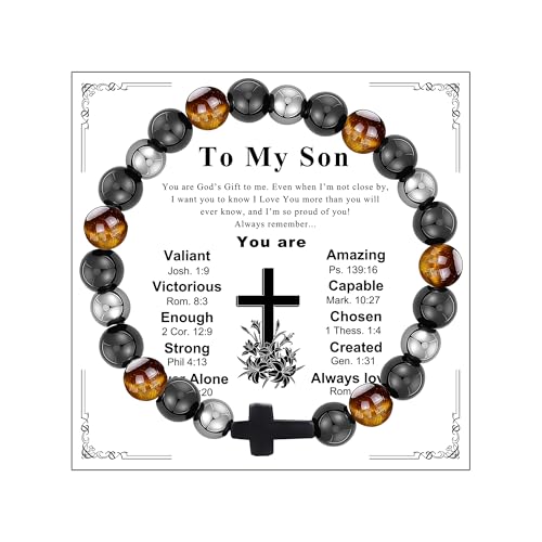 Gifts for Men Bracelets Triple Protection Cross Bracelet 8mm Black Obsidian Hematite Tiger Eye Beaded Natural Stone Bracelets Birthday Jewelry Gifts Cross Christian Gift for Him Husband Son - color: To My Son,Mix Style