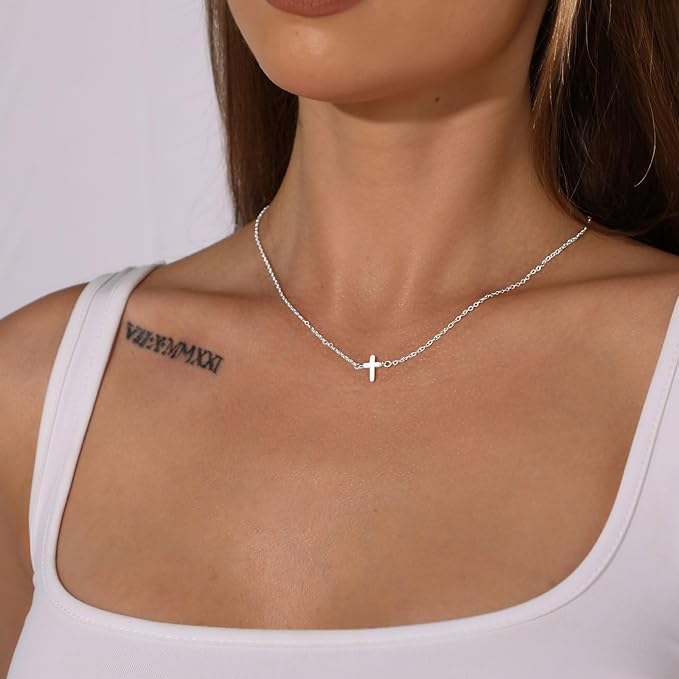 VIROMY Gold Cross Necklace for Women 14K Gold Plated Cute Sidways Cross Pendant Choker Necklaces Simple Trendy Everyday Jewelry for Women - style: Nifty Cross-SL