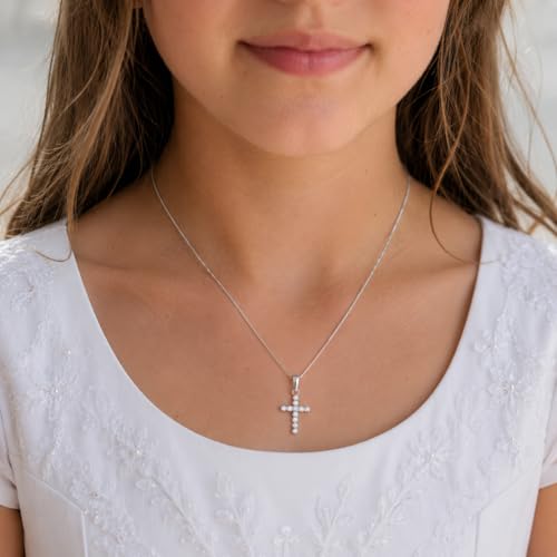 Precious Pieces CZ Cross Necklace, .925 Sterling Silver or 14K Gold-Plated - color: White Round-16-18