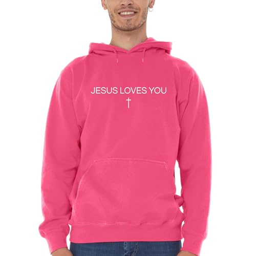 shop4ever Jesus Loves You Minimal Cross Hoodie Sweatshirts - color: Heliconia Pink, size: Medium