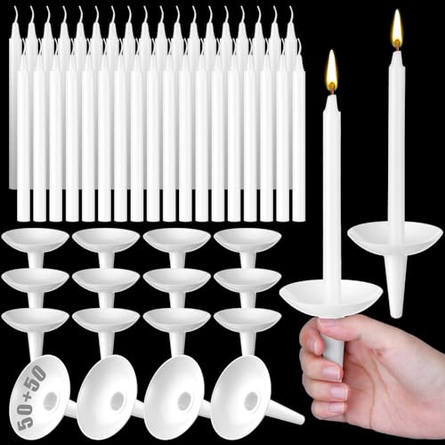Mtlee White Church Vigil Candles with Plastic Drip Protectors,50 Sets