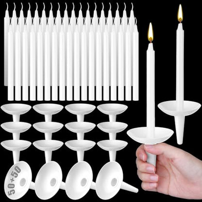 Mtlee White Church Vigil Candles with Plastic Drip Protectors,50 Sets