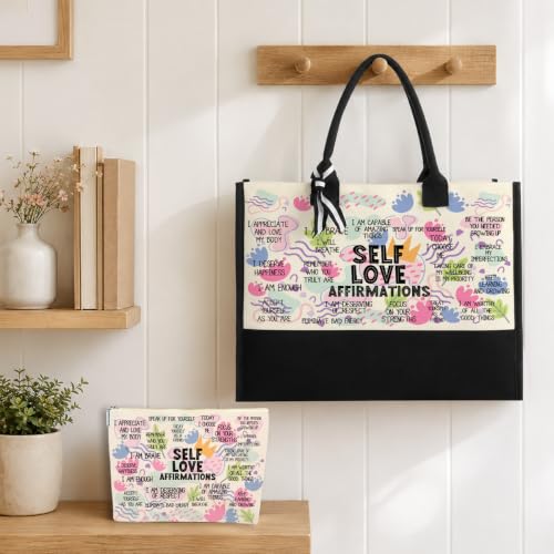 jeilink Inspirational Religious Gifts Boss Mom Birthday Christmas Tote Bag Canvas Reusable Grocery Beach Tote Black Pink - color: Self Love Affirmations 1709