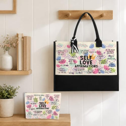 jeilink Inspirational Religious Gifts Boss Mom Birthday Christmas Tote Bag Canvas Reusable Grocery Beach Tote Black Pink - color: Self Love Affirmations 1709