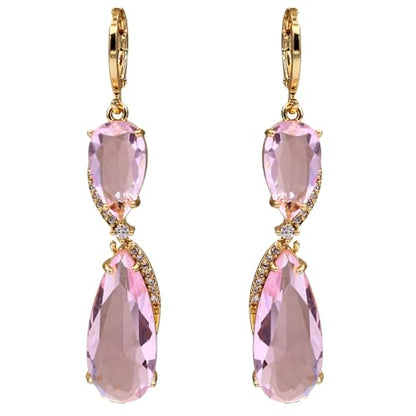 18K Gold Plated, Dangle Earrings for Women, Flower/Heart Drop earrings, Hypoallergenic Cubic Zirconia Earrings, Lightweight, Party, gold earrings, Jewelry for Gifts, Fashion - style: 7507-Pink