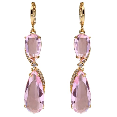 18K Gold Plated, Dangle Earrings for Women, Flower/Heart Drop earrings, Hypoallergenic Cubic Zirconia Earrings, Lightweight, Party, gold earrings, Jewelry for Gifts, Fashion - style: 7507-Pink
