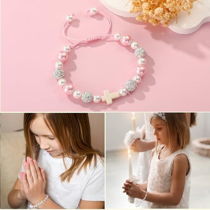 First Communion Confirmation Gifts for Girls, Cross Natural Beads Bracelet Christian Religious Jewelry Gifts for Kids Teen Girls - style: Confirmation
