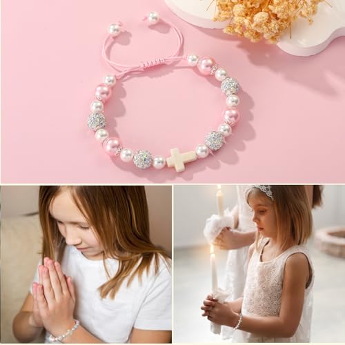 First Communion Confirmation Gifts for Girls, Cross Natural Beads Bracelet Christian Religious Jewelry Gifts for Kids Teen Girls - style: First Communion