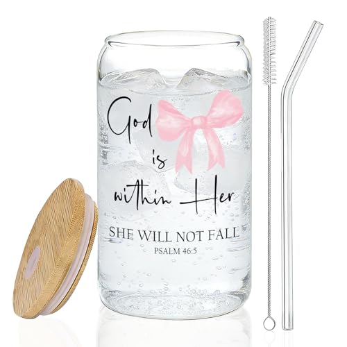 IWXYI Pink Coquette Bow Christian Glass Cup with Lids and Straws 14oz, God Is within Her She Will Not Fall Bible Verse Religious Iced Coffee Tea Drinking Glasses with Cleaning Brush - color: Pink bow