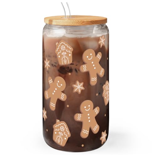 SANDJEST Gingerbread Christmas 16oz Can Glass Tumbler with Bamboo Lid & Straw - Iced Coffee Cup for Women Girls, Aesthetic Cups Gifts for Xmas - color: Christmas 2