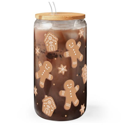 SANDJEST Gingerbread Christmas 16oz Can Glass Tumbler with Bamboo Lid & Straw - Iced Coffee Cup for Women Girls, Aesthetic Cups Gifts for Xmas - color: Christmas 2